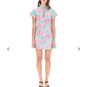 RIXO Mint Green Floral Midi Dress with Pink Blossoms
